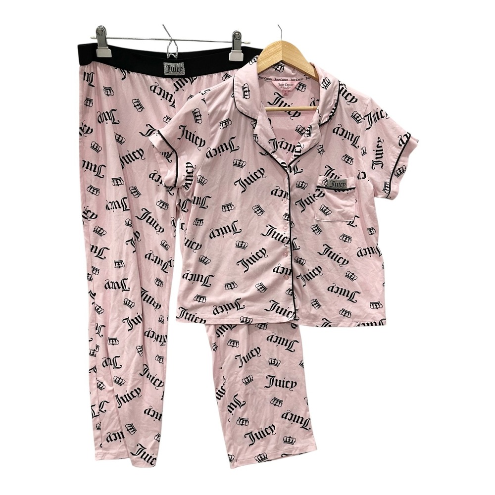 Juicy Couture Pink Gothic Logo Crown Pajama Set Womens L Short Sleeve Top Pants